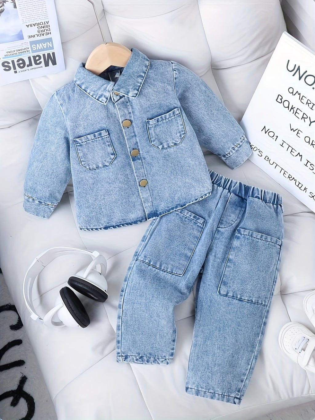 Baby Girls' Denim Jacket and Pants Set with Patch Pockets and an Elastic Waist for Casual Outings
