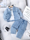 Baby Girls' Denim Jacket and Pants Set with Patch Pockets and an Elastic Waist for Casual Outings