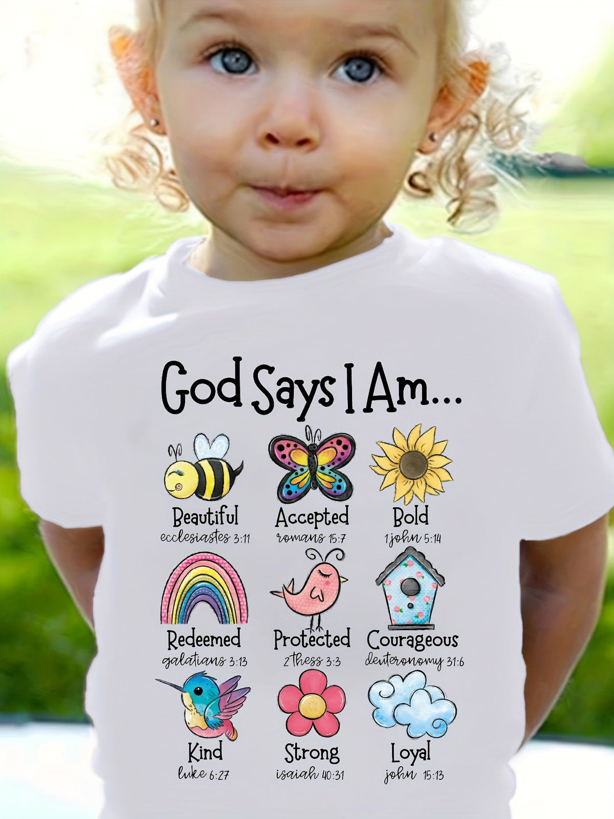Girls' God Says I Am Graphic T-Shirt with Colorful Nature Motifs and Short Sleeves for Casual Everyday Wear