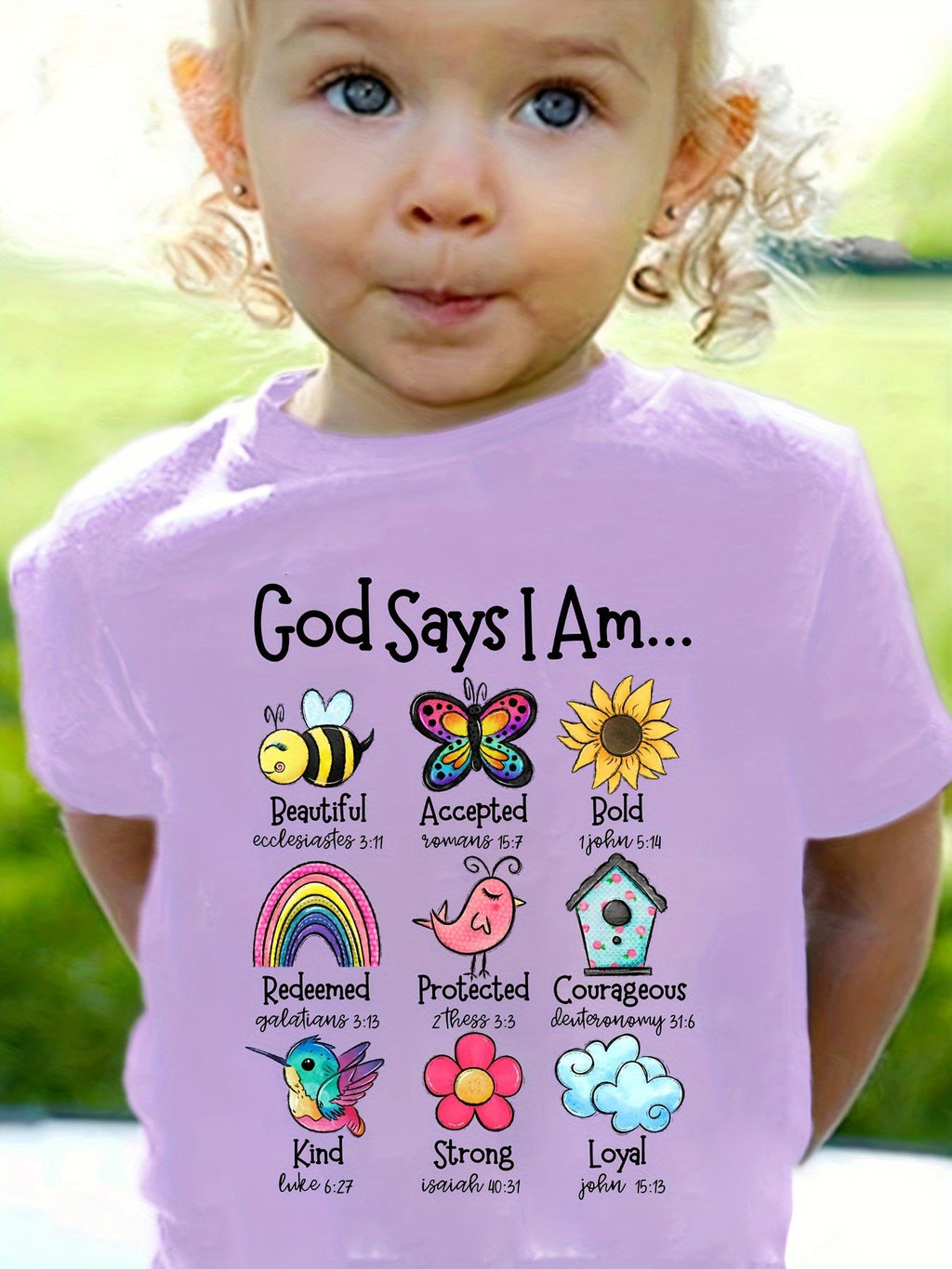 Girls' God Says I Am Graphic T-Shirt with Colorful Nature Motifs and Short Sleeves for Casual Everyday Wear