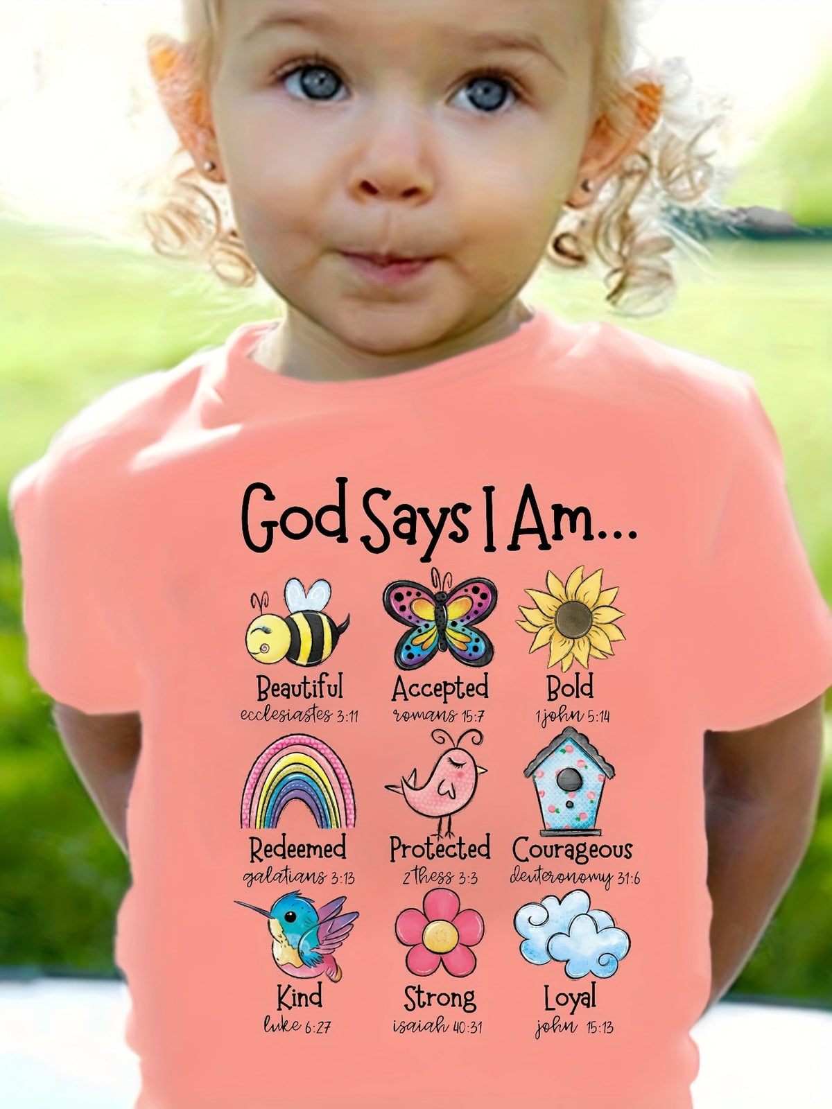 Girls' God Says I Am Graphic T-Shirt with Colorful Nature Motifs and Short Sleeves for Casual Everyday Wear
