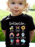 Girls' God Says I Am Graphic T-Shirt with Colorful Nature Motifs and Short Sleeves for Casual Everyday Wear
