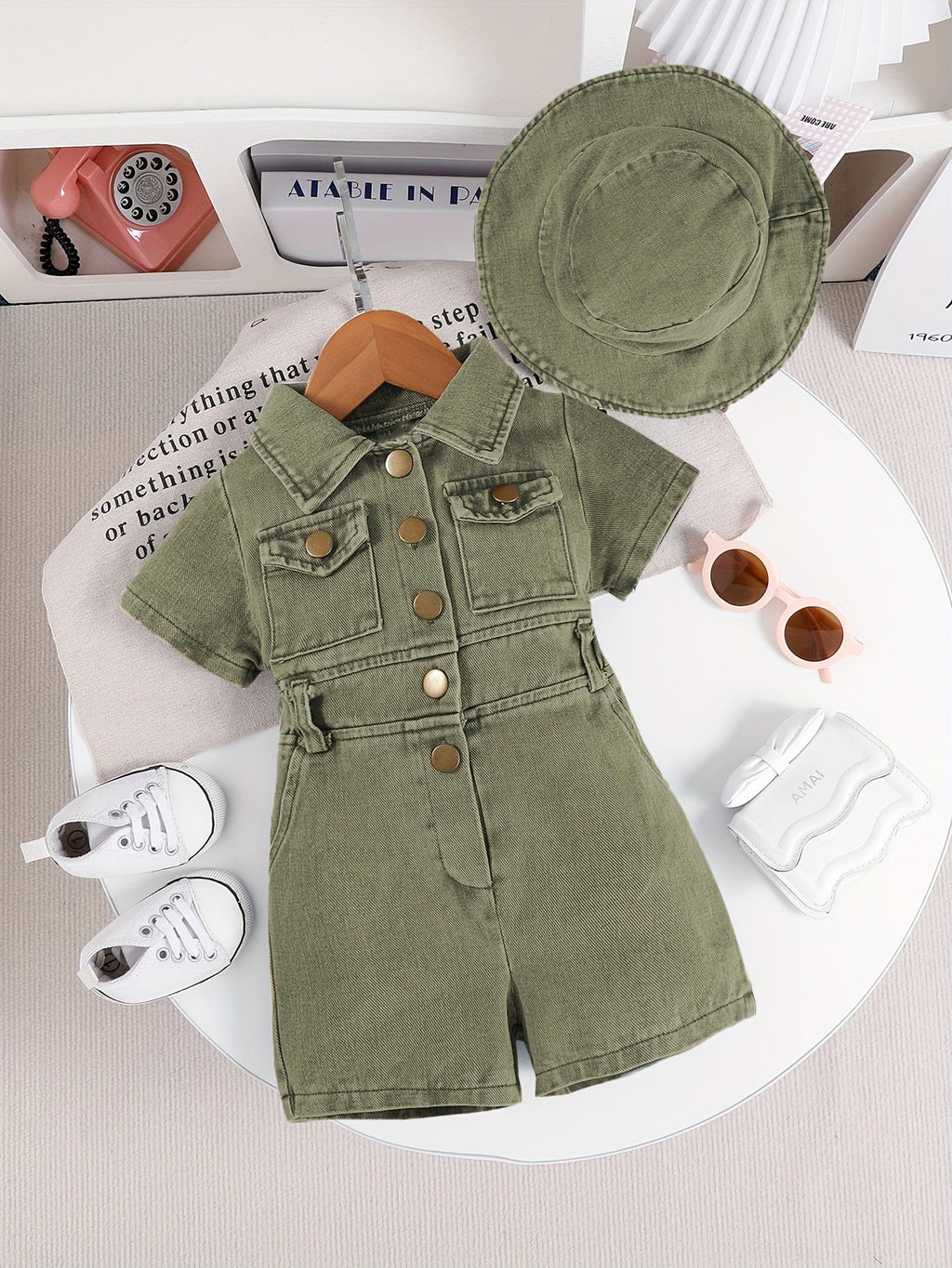 Baby Girls' Short Sleeve Denim Style Romper Set with a Matching Bucket Hat for Summer Outfits