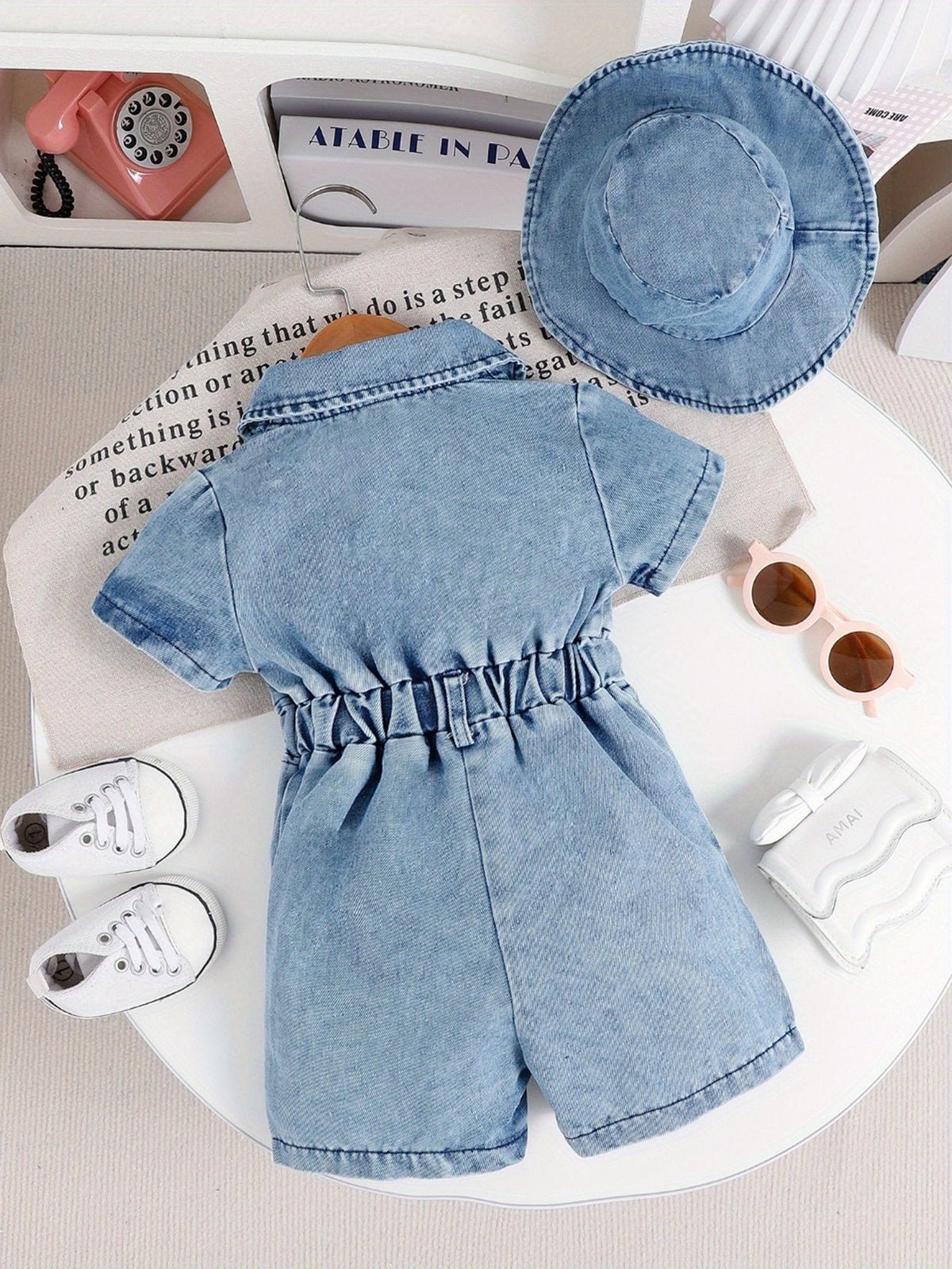 Baby Girls' Short Sleeve Denim Style Romper Set with a Matching Bucket Hat for Summer Outfits