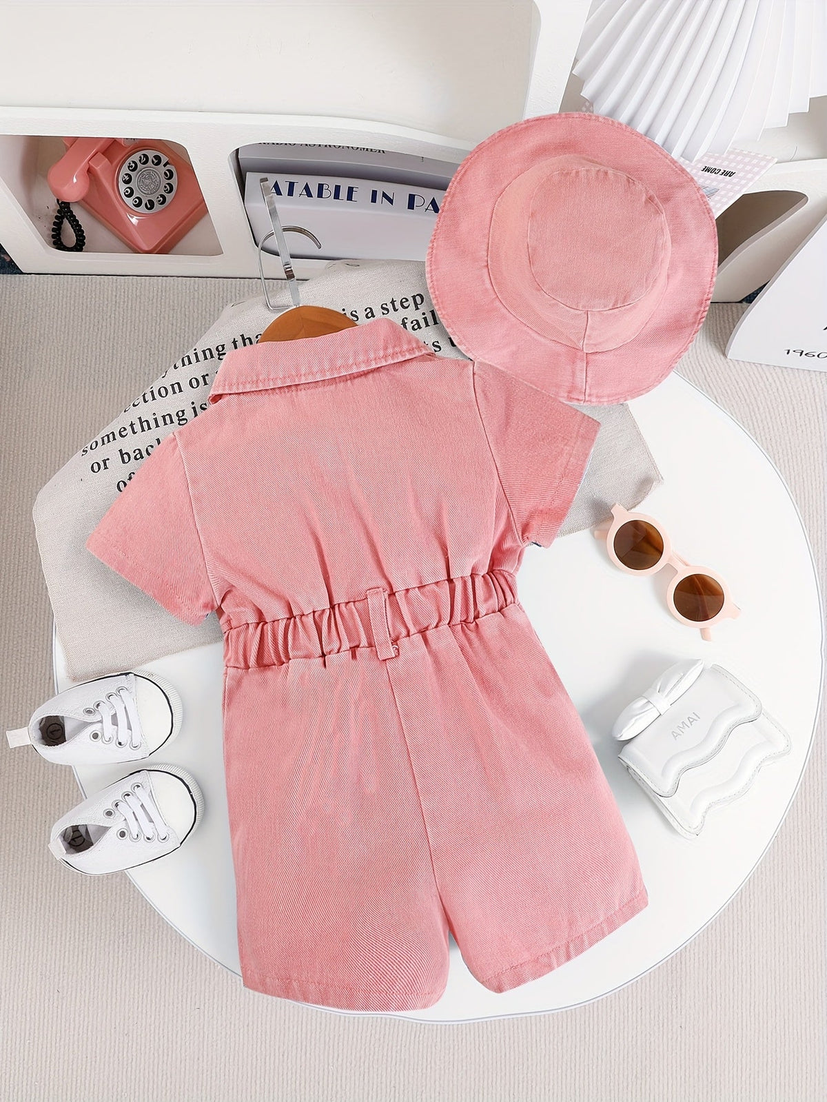 Baby Girls' Short Sleeve Denim Style Romper Set with a Matching Bucket Hat for Summer Outfits