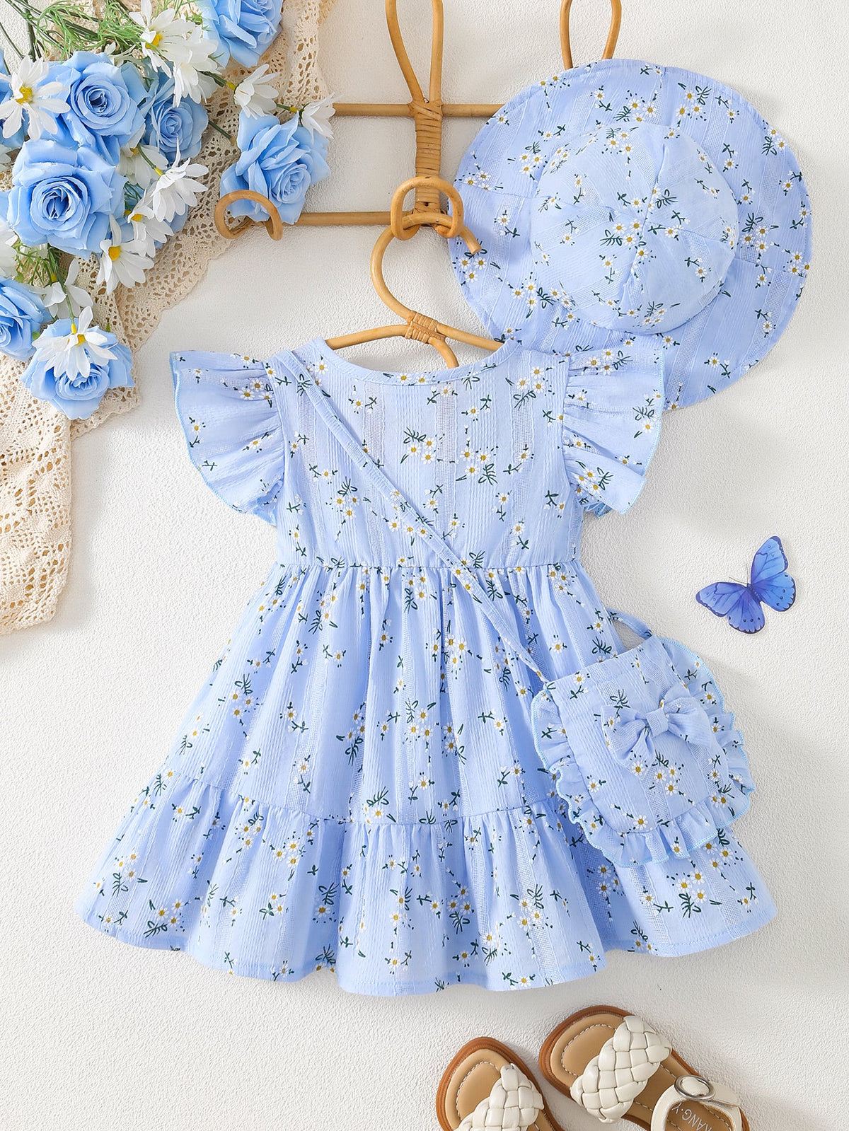 Girls' Floral Dress Set with a Matching Sun Hat and Small Bag for Coordinated Warm Weather Outfits
