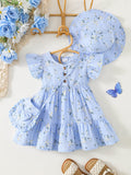 Girls' Floral Dress Set with a Matching Sun Hat and Small Bag for Coordinated Warm Weather Outfits