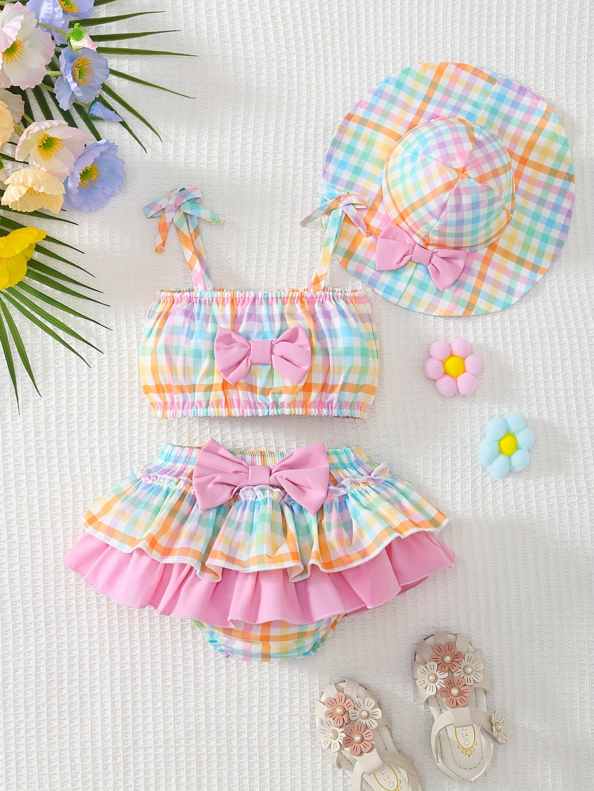 Baby Girls' Pastel Check Outfit Set with Bow Details and a Matching Sun Hat for Summer Outings