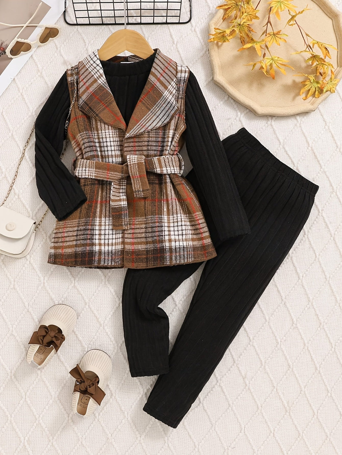 Girls Outfit Set in Brown Plaid and Black with a Belted Vest for Coordinated Autumn Layering