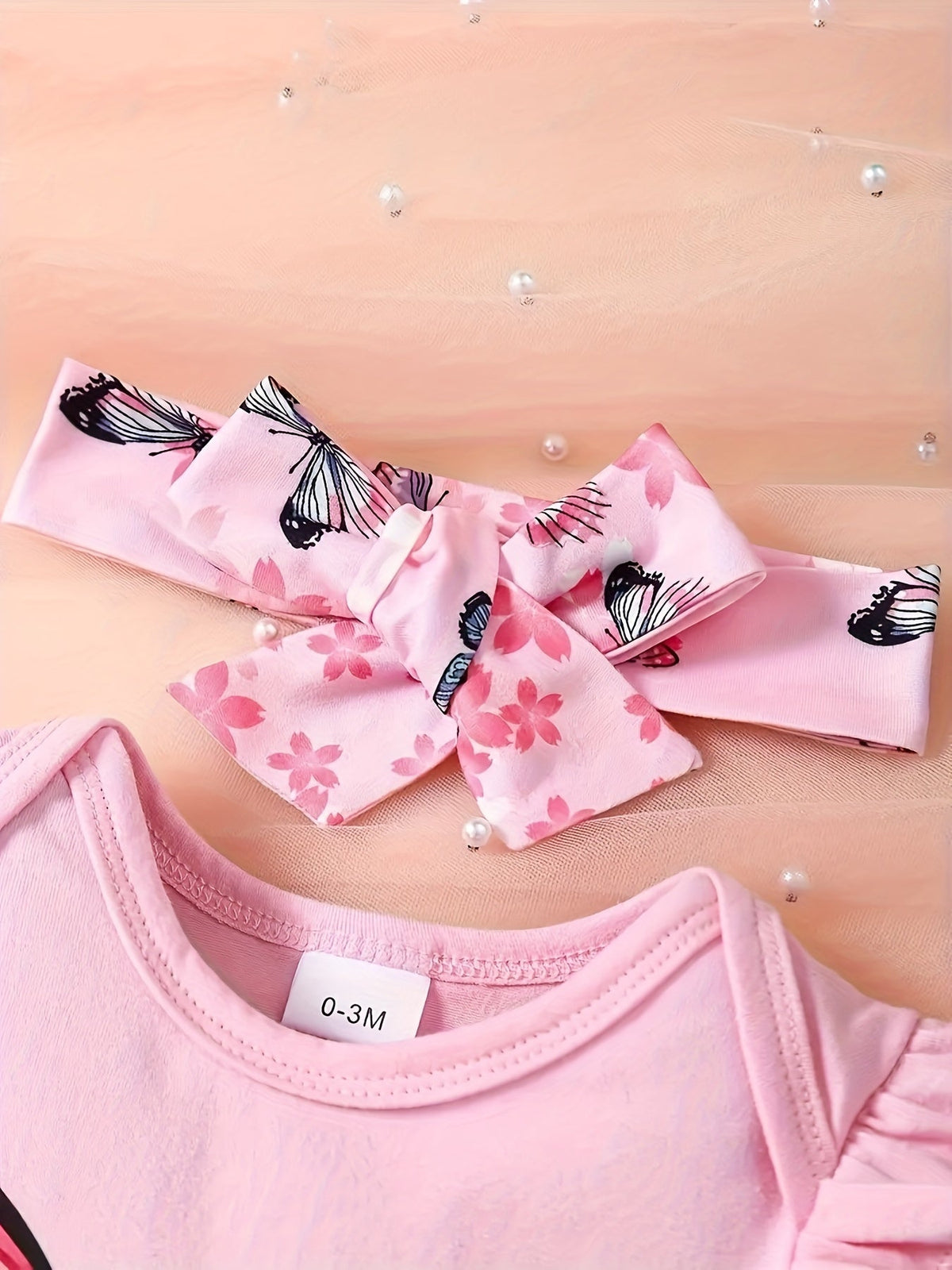 Baby Girls' Butterfly Outfit Set with a Ruffle Sleeve Bodysuit and Matching Shorts Plus a Bow Headband