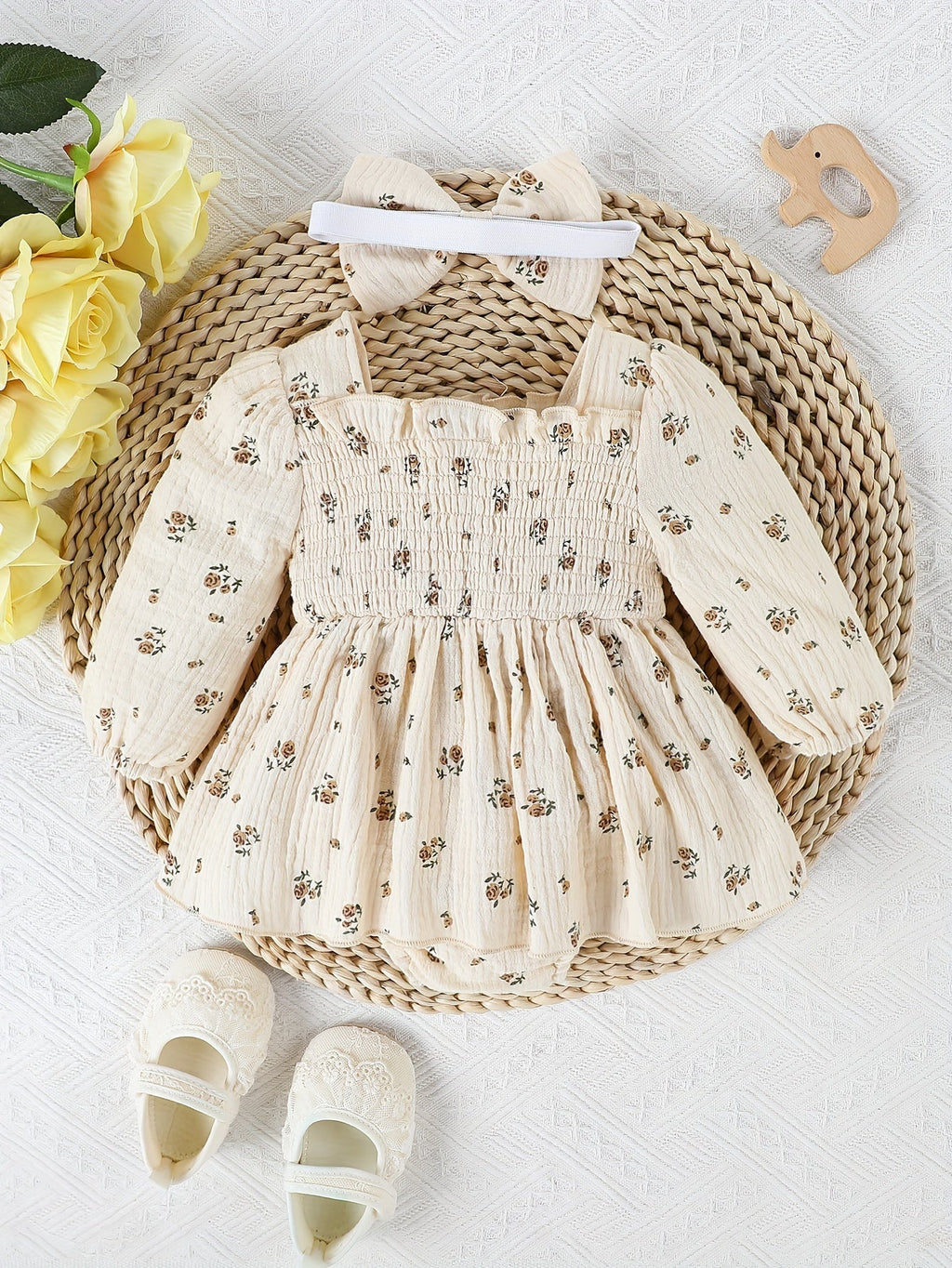 Baby Girls' Floral Romper with Smocked Bodice and Long Sleeves Plus Matching Bow Headband in Cream or White
