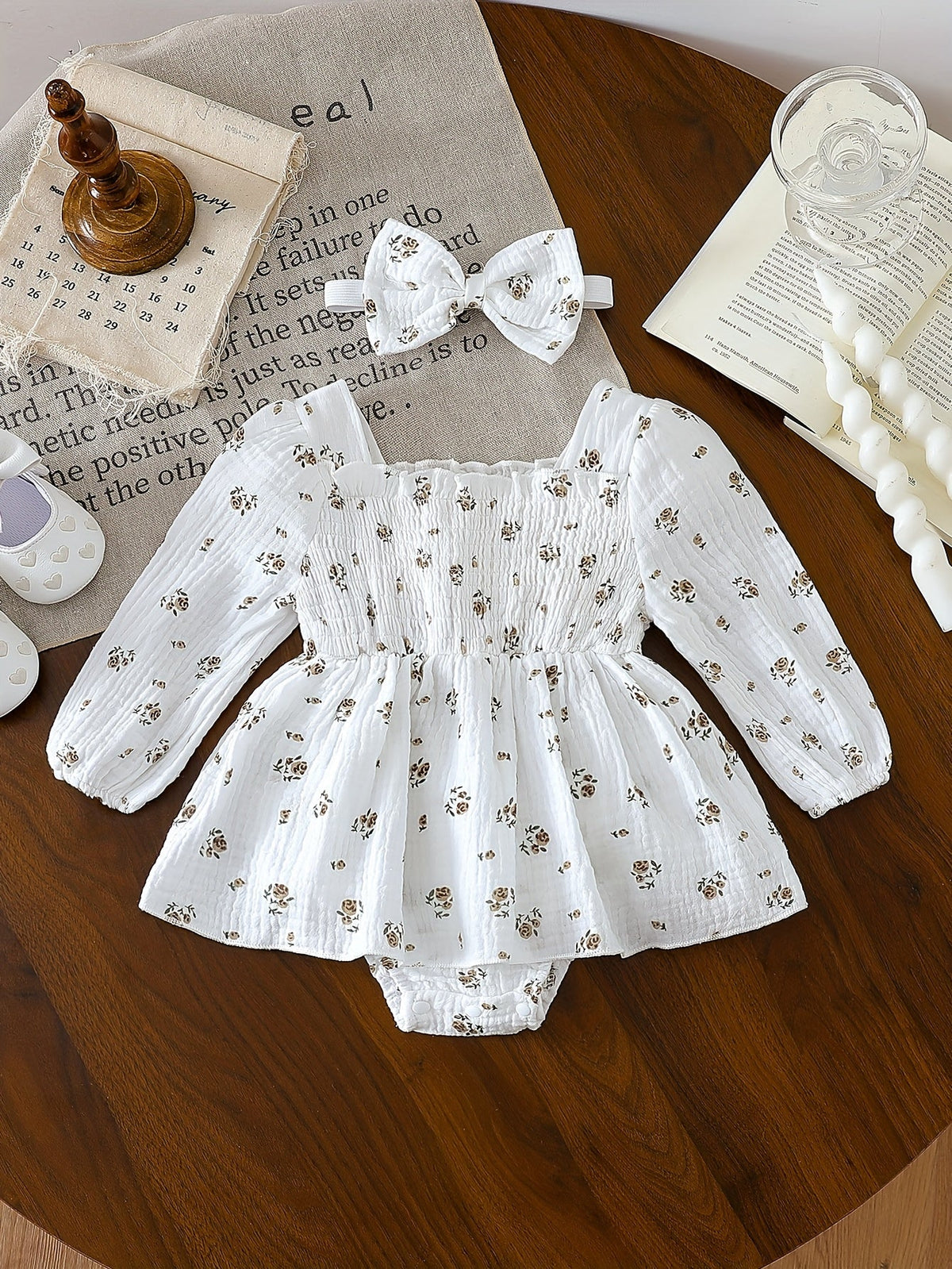 Baby Girls' Floral Romper with Smocked Bodice and Long Sleeves Plus Matching Bow Headband in Cream or White
