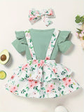 Baby Girl Floral Skirt Outfit with a Green Ruffle Sleeve Top and Matching Bow Headband for Summer Wear