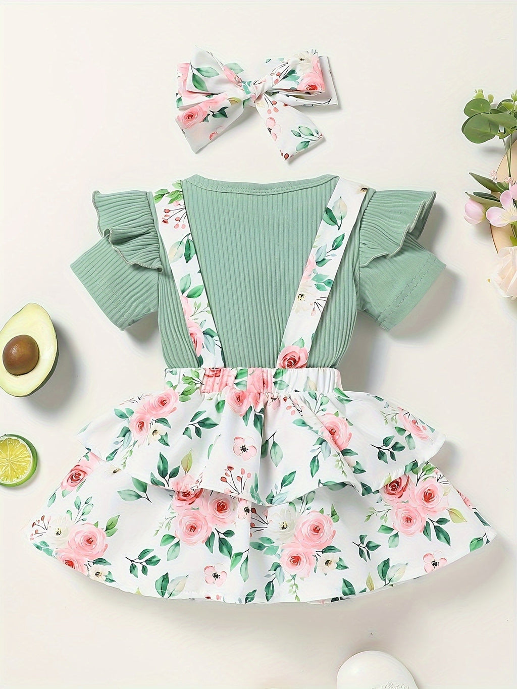 Baby Girl Floral Skirt Outfit with a Green Ruffle Sleeve Top and Matching Bow Headband for Summer Wear