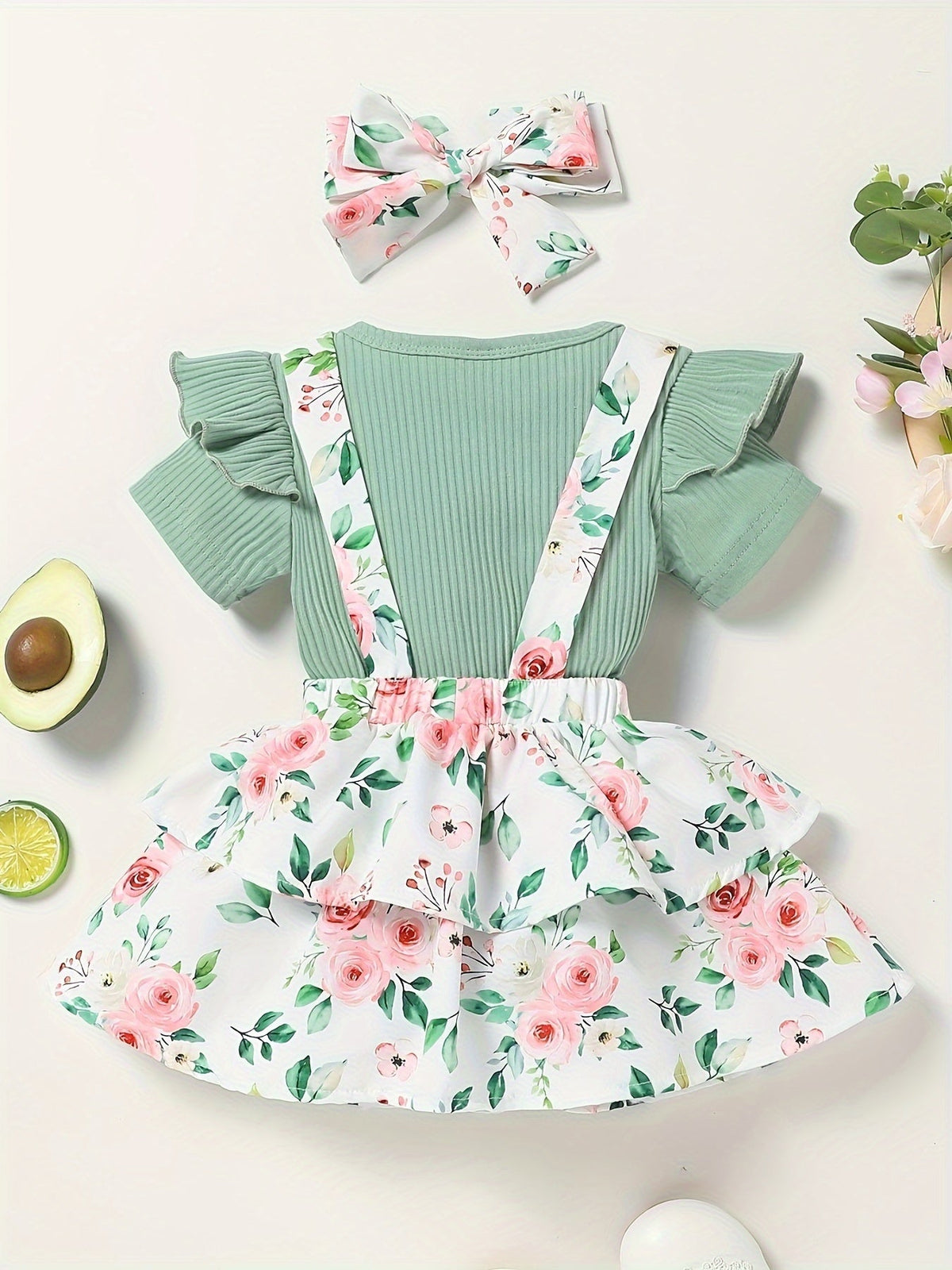 Baby Girl Floral Skirt Outfit with a Green Ruffle Sleeve Top and Matching Bow Headband for Summer Wear