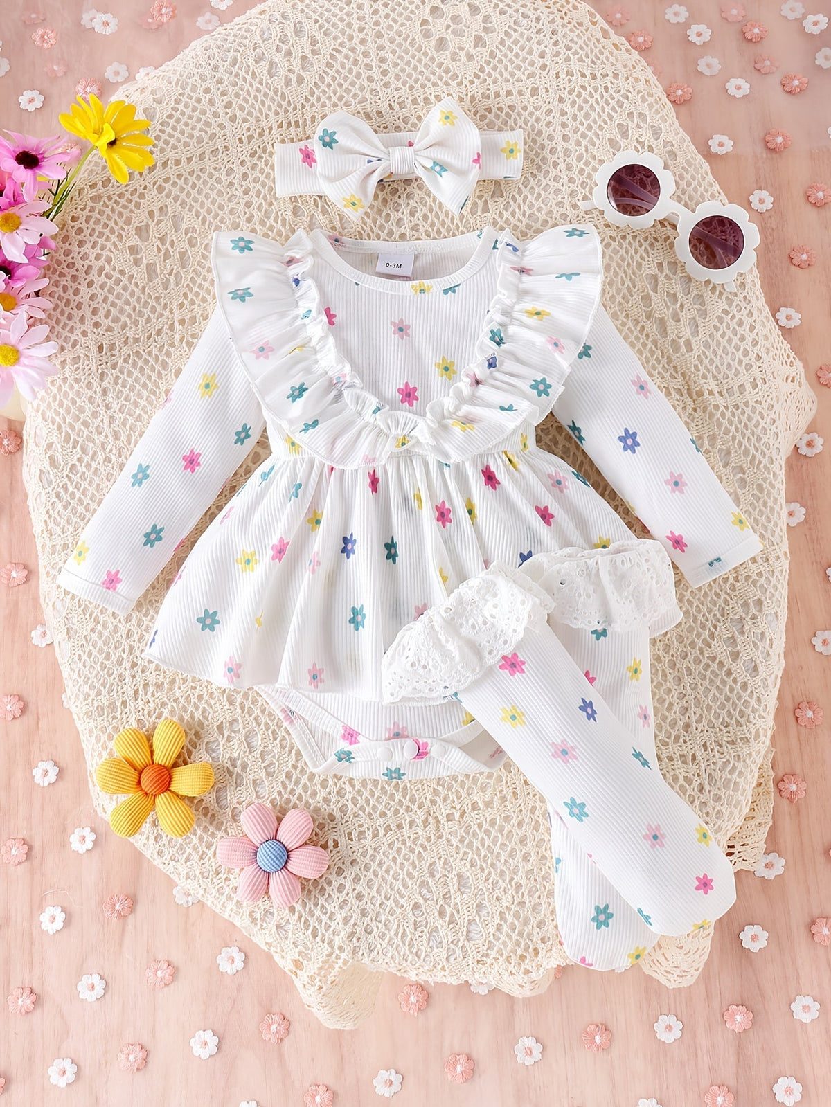 Baby Girls' Floral Romper Set with Long Sleeves and Lace-Trim Socks for a Coordinated White Outfit
