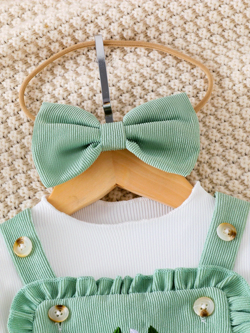Baby Girls' Green Floral Overall Set with a White Long Sleeve Top and Matching Bow Headband for Spring