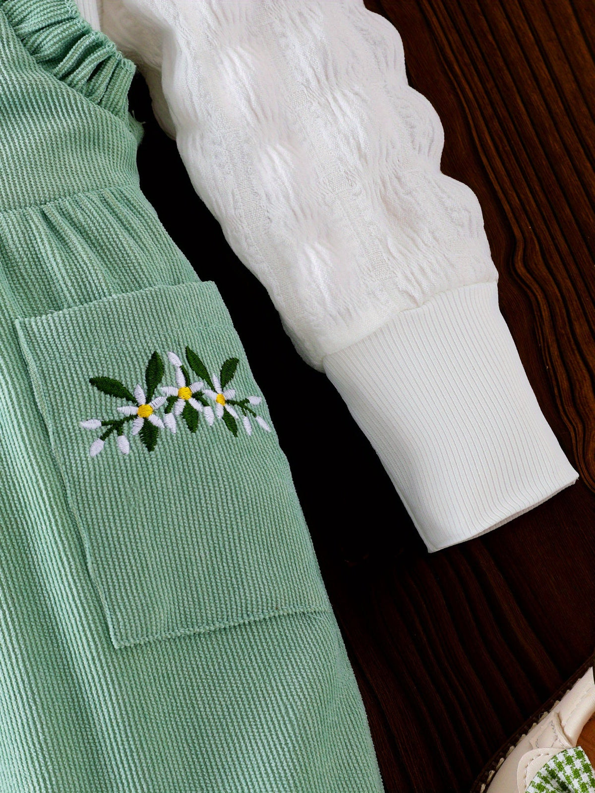 Baby Girls' Green Floral Overall Set with a White Long Sleeve Top and Matching Bow Headband for Spring