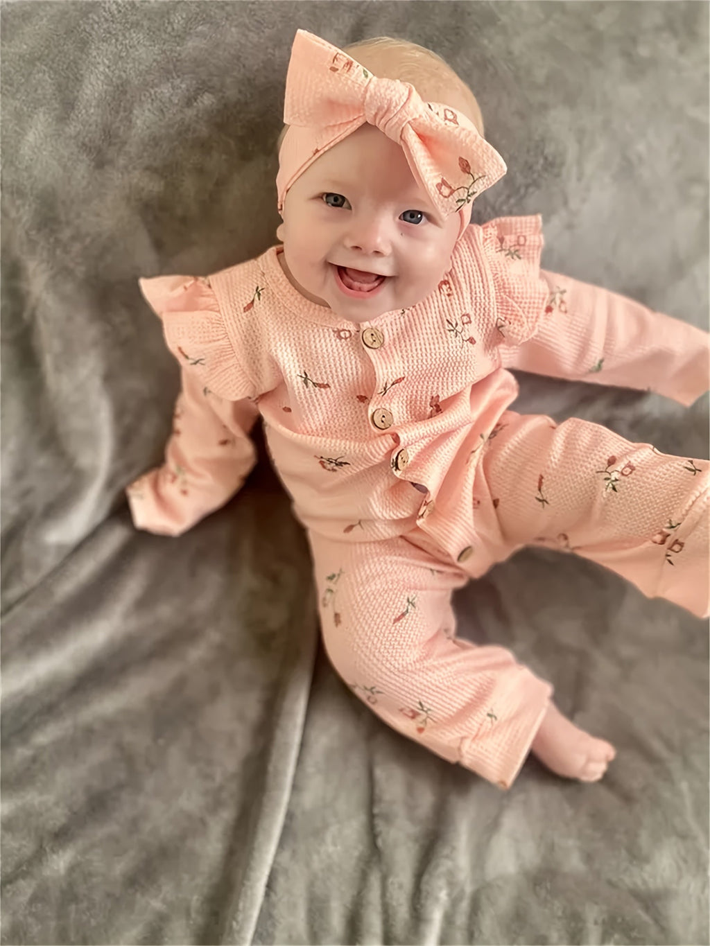 Baby Girl Beige Floral Waffle Romper and Headband Set with Ruffle Shoulders and Long Sleeves for Daily Wear