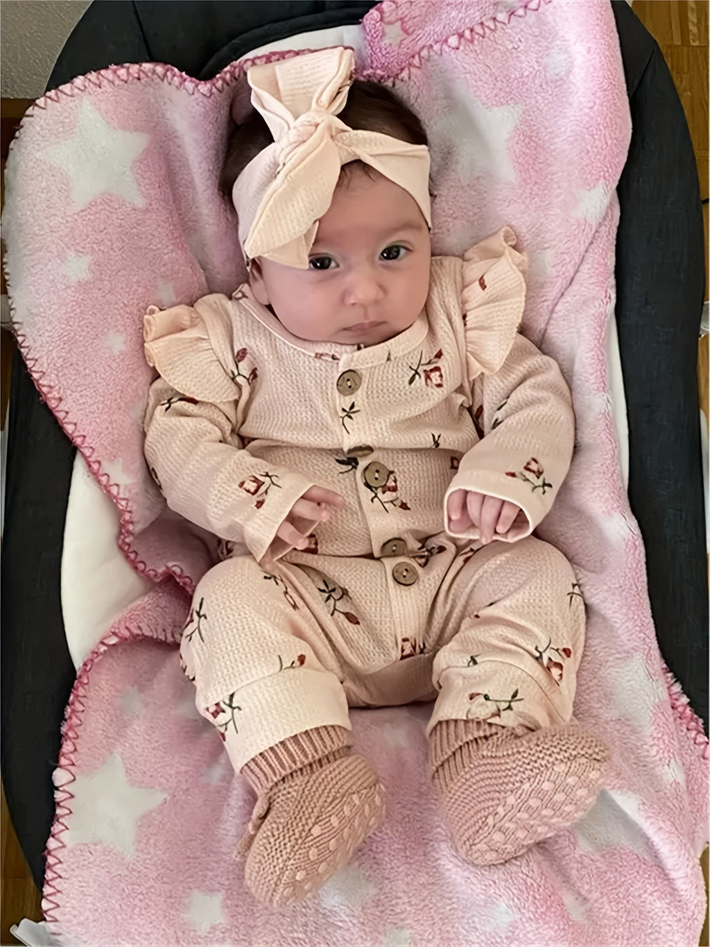 Baby Girl Beige Floral Waffle Romper and Headband Set with Ruffle Shoulders and Long Sleeves for Daily Wear