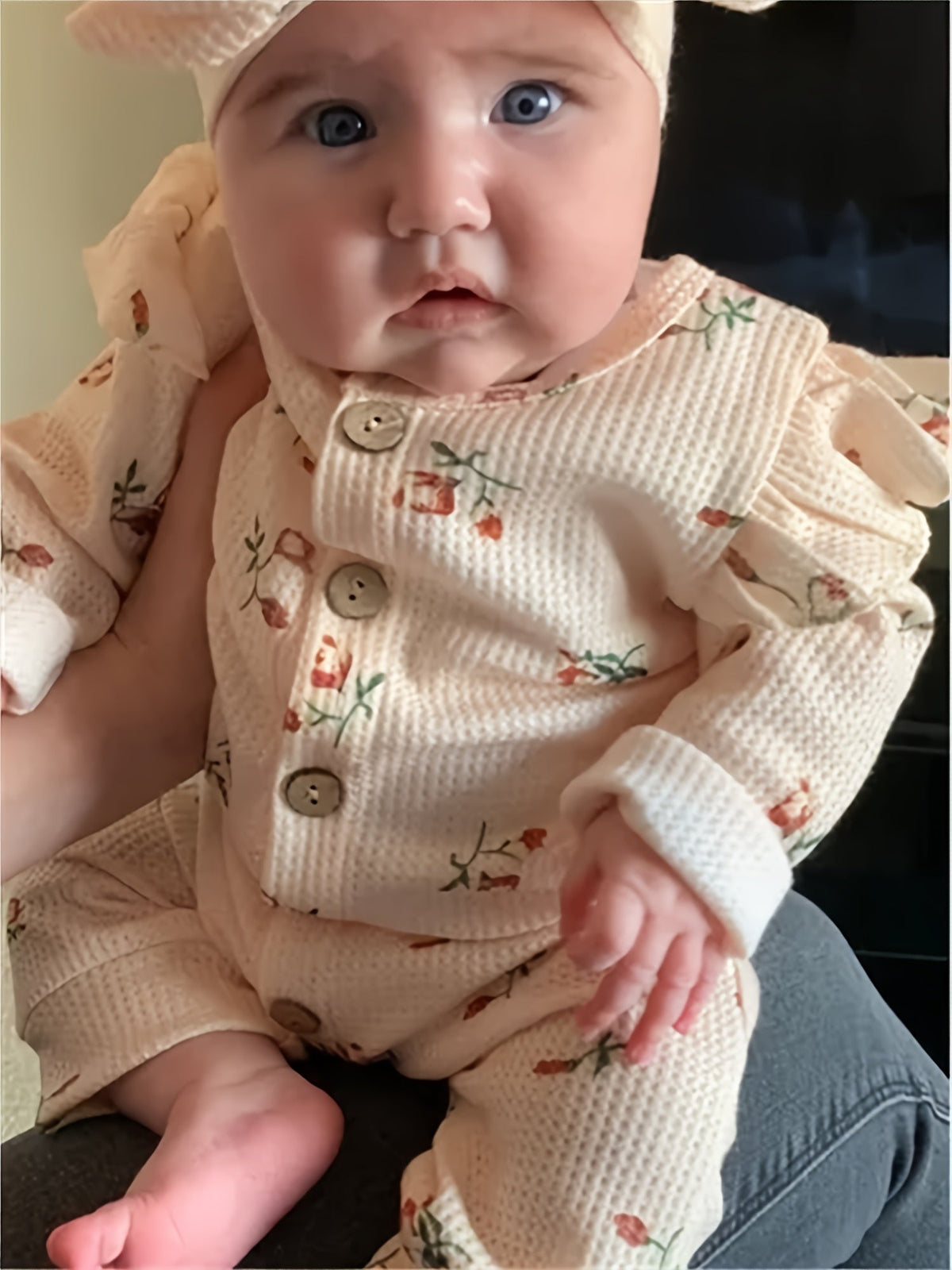 Baby Girl Beige Floral Waffle Romper and Headband Set with Ruffle Shoulders and Long Sleeves for Daily Wear