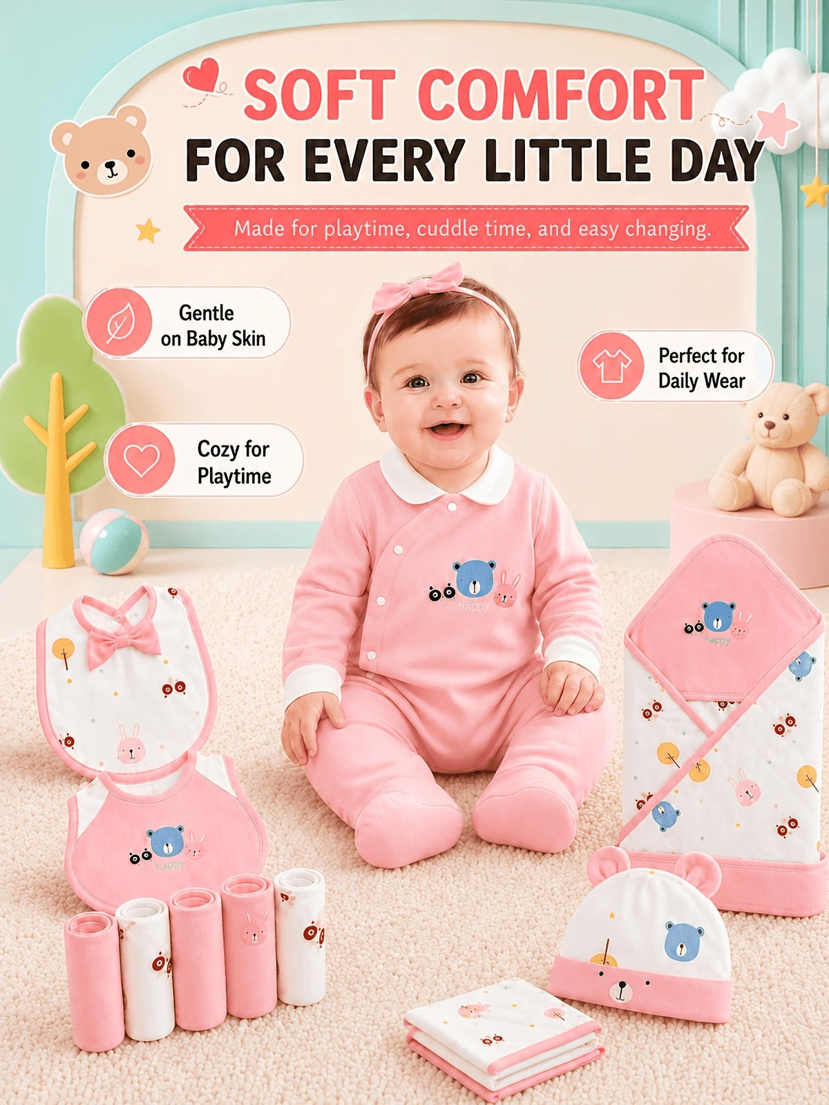 Pink Baby Clothing Set Featuring 26 Pieces of Bear Print Outfits, Bibs and Receiving Blankets