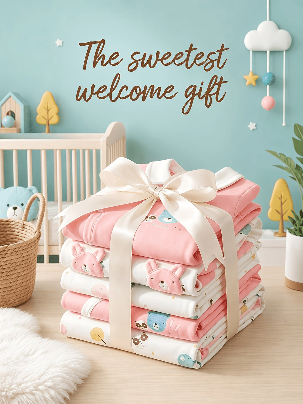 Pink Baby Clothing Set Featuring 26 Pieces of Bear Print Outfits, Bibs and Receiving Blankets