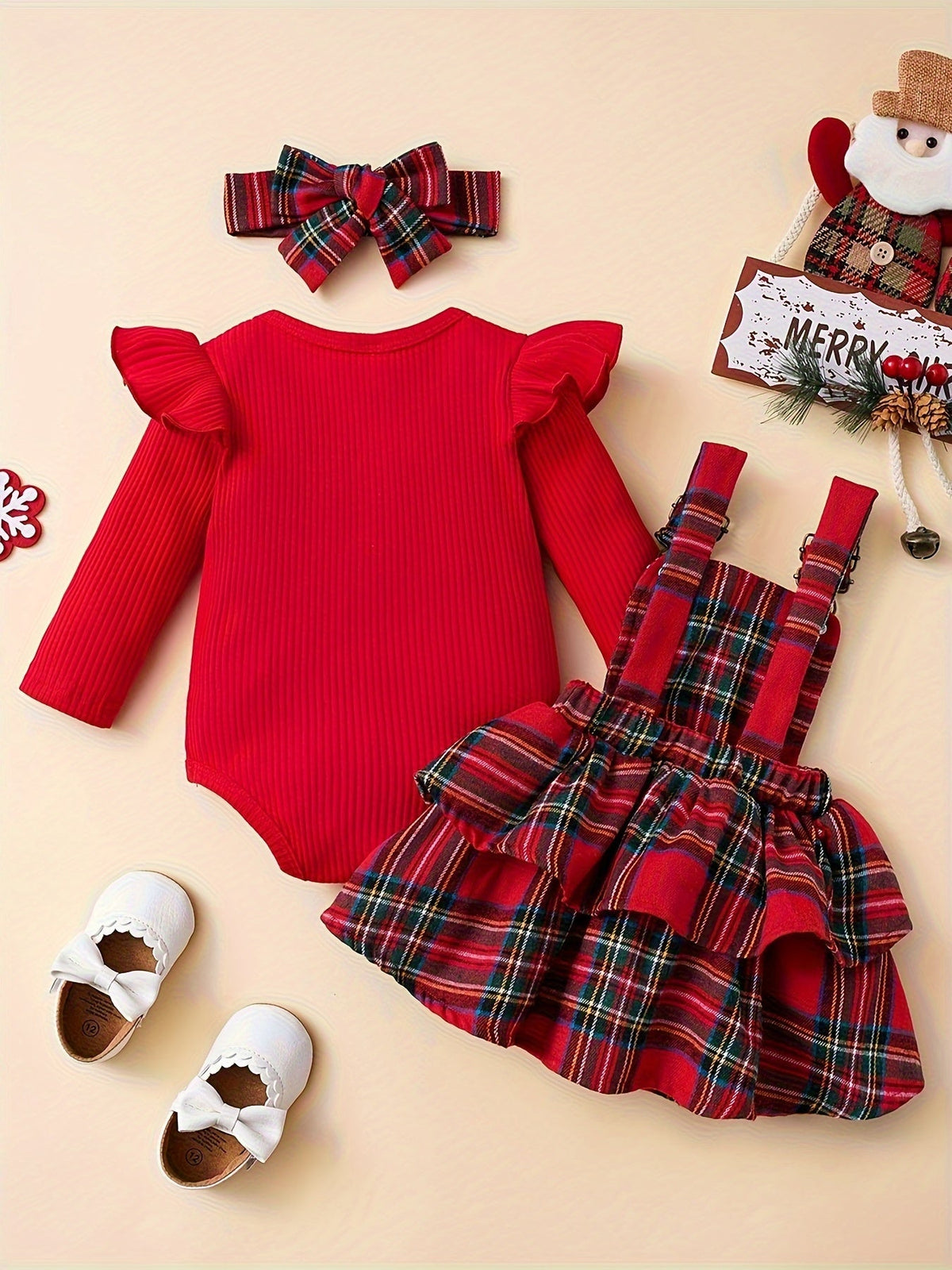 Baby Girls' Plaid Outfit Set with a Ribbed Long Sleeve Bodysuit and Suspender Skirt Plus Matching Headband