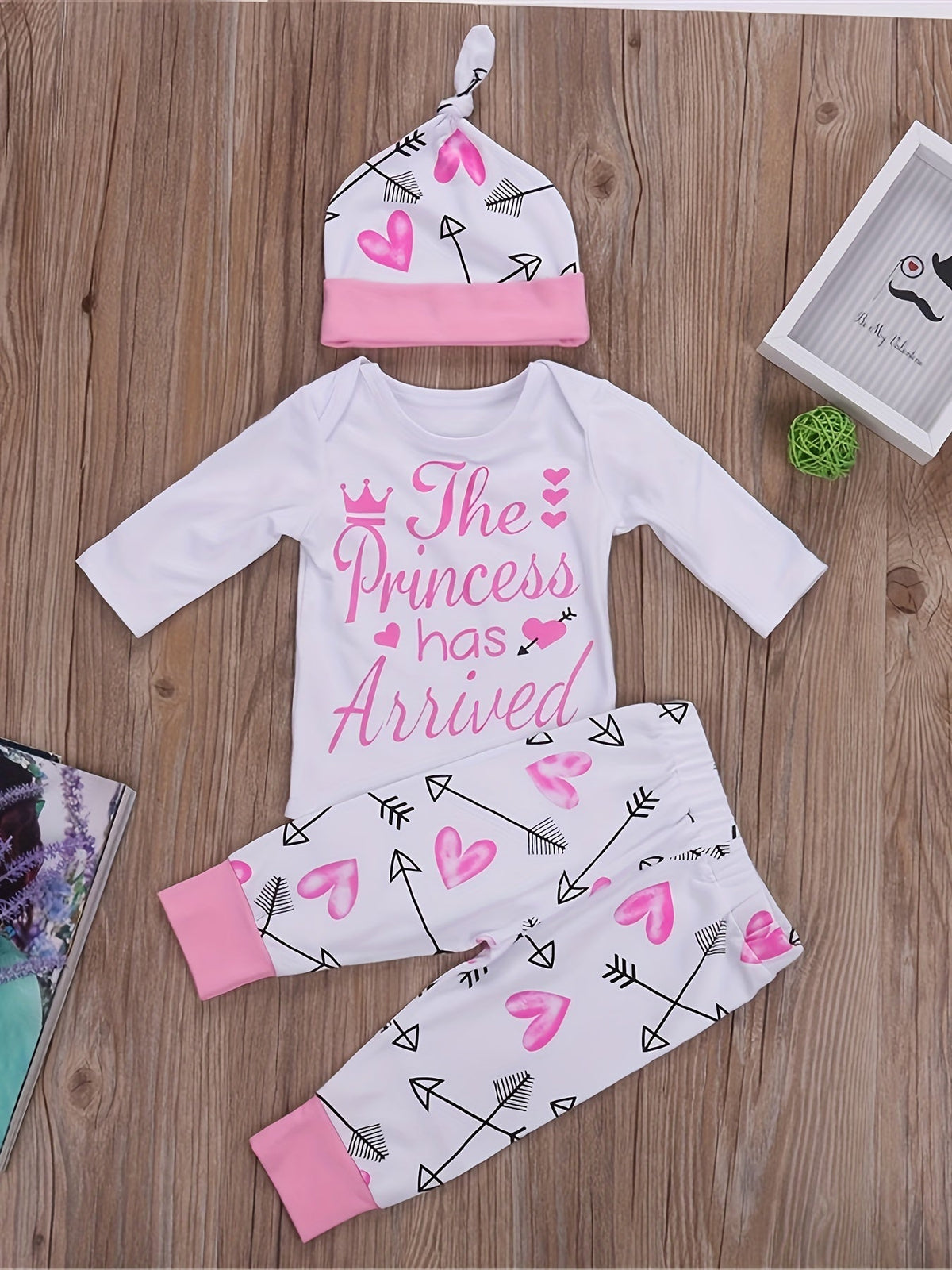 Baby Girls' Three-Piece Outfit Set in White and Pink with Heart Print Pants and a Matching Knotted Hat