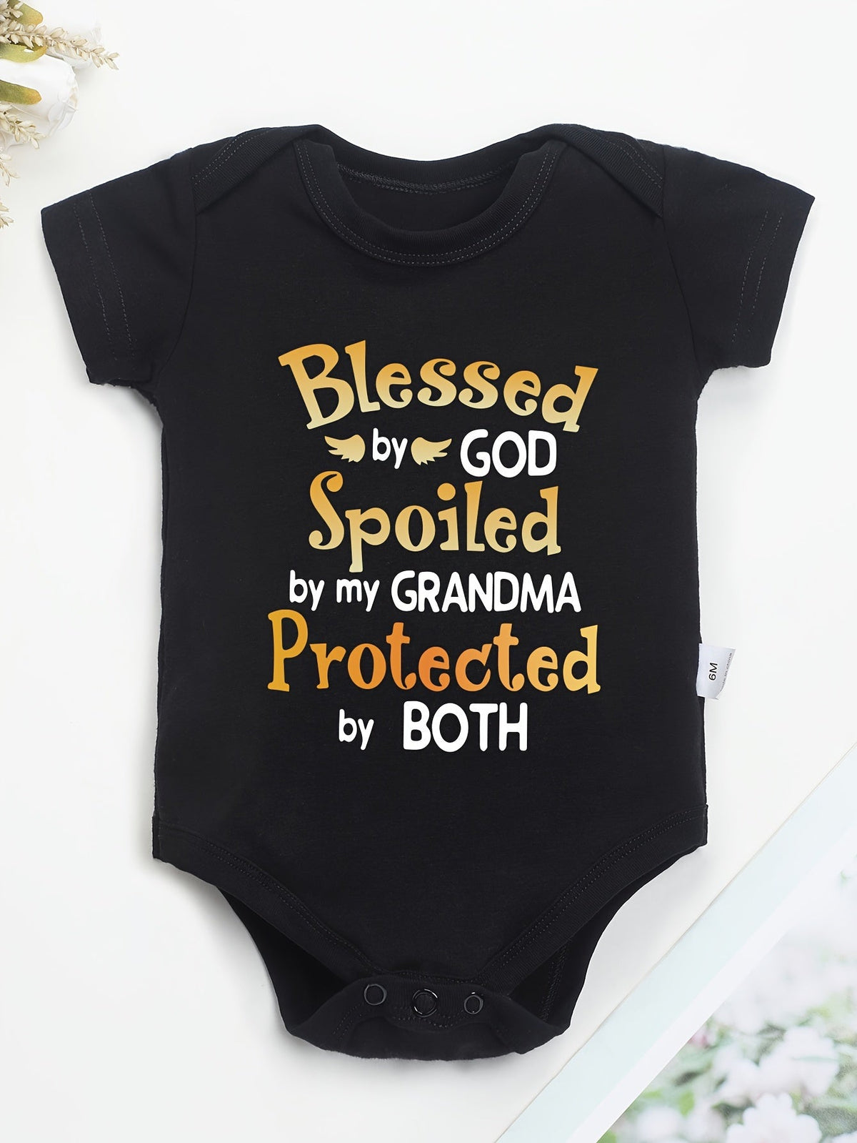 Baby Grandma and God Quote Bodysuit in Black with Gold Tone Lettering and Short Sleeves for Daily Wear