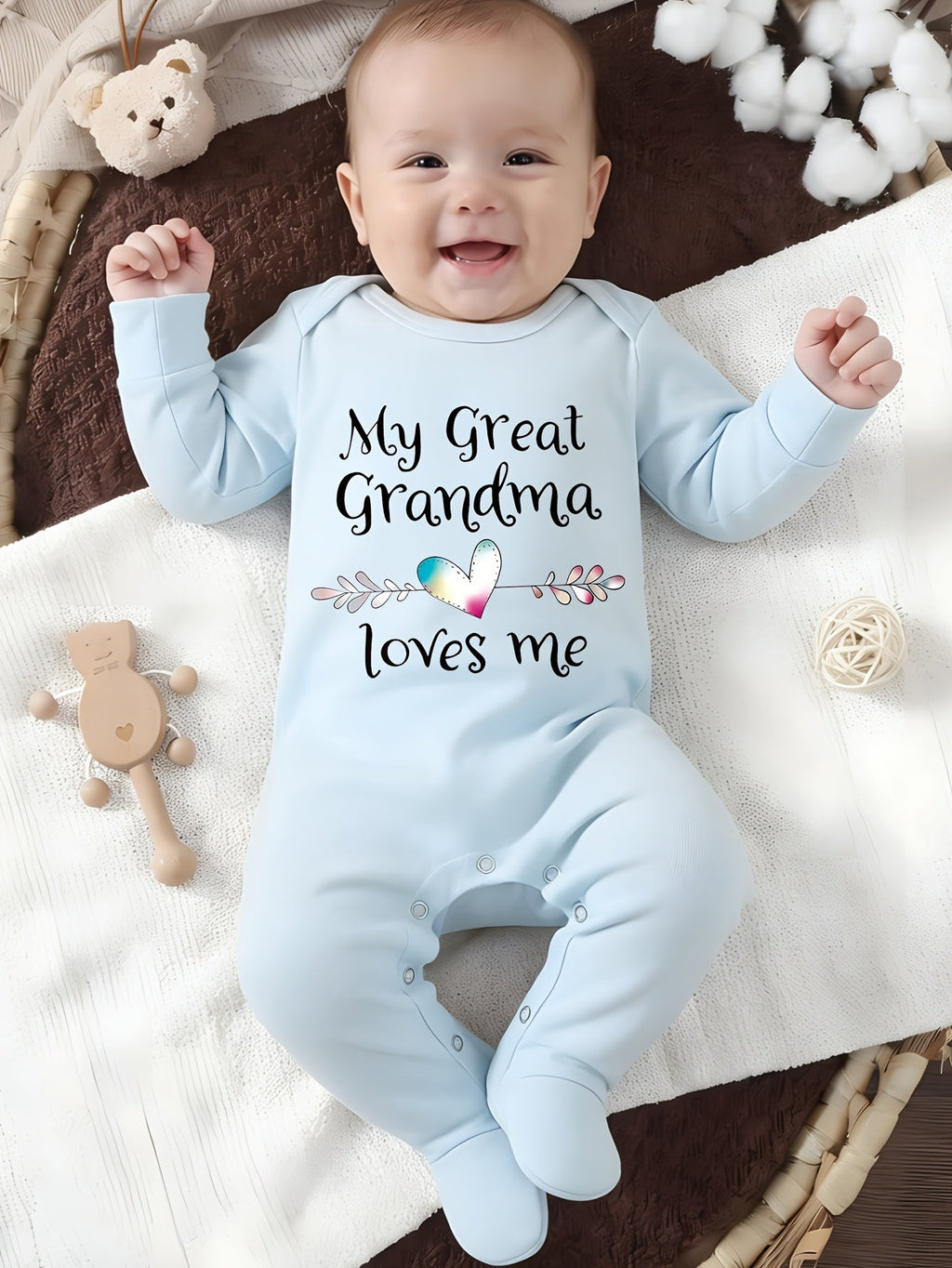 Baby Great Grandma Loves Me Cotton Romper with Covered Feet and Long Sleeves for Family Visit Outfits