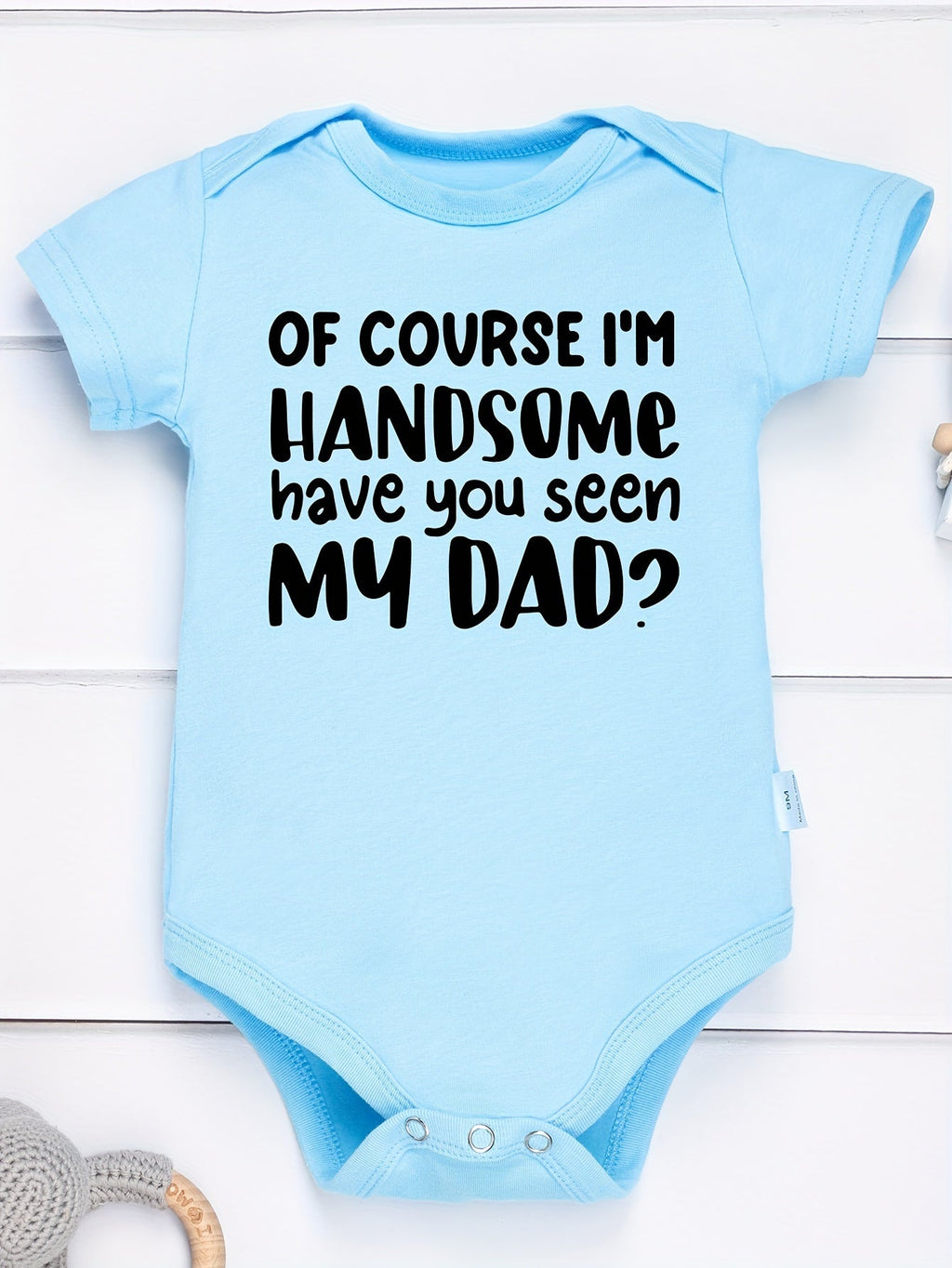 Sky Blue Baby Bodysuit with a Handsome Like Dad Slogan and Short Sleeves for Playful Everyday Outfits