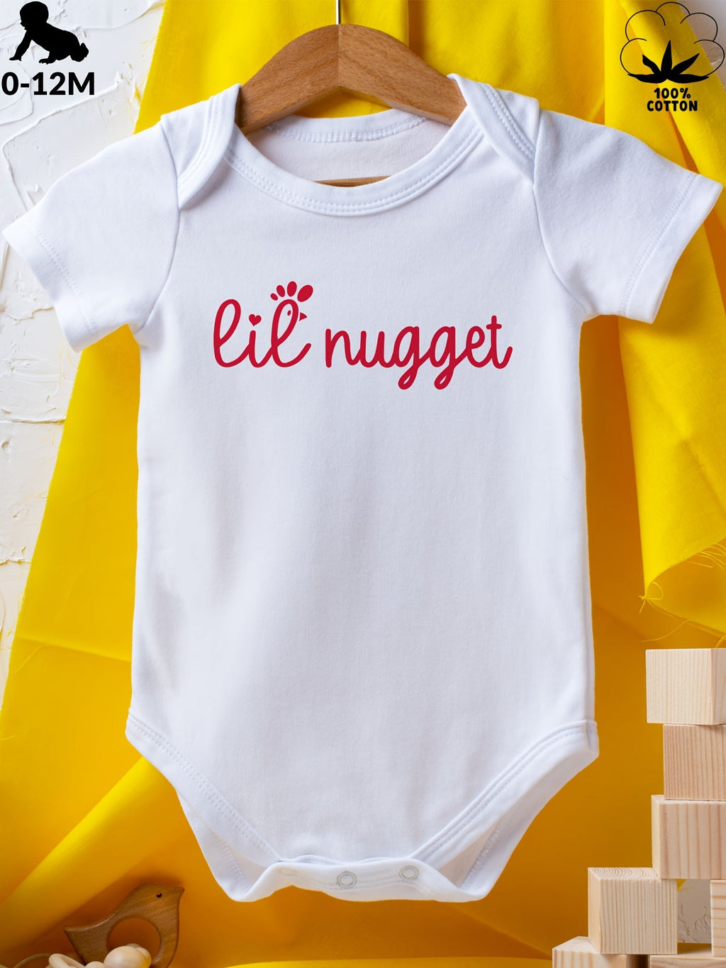 Baby Lil Nugget Bodysuit in White Cotton with Red Script and Short Sleeves for Simple Everyday Outfits