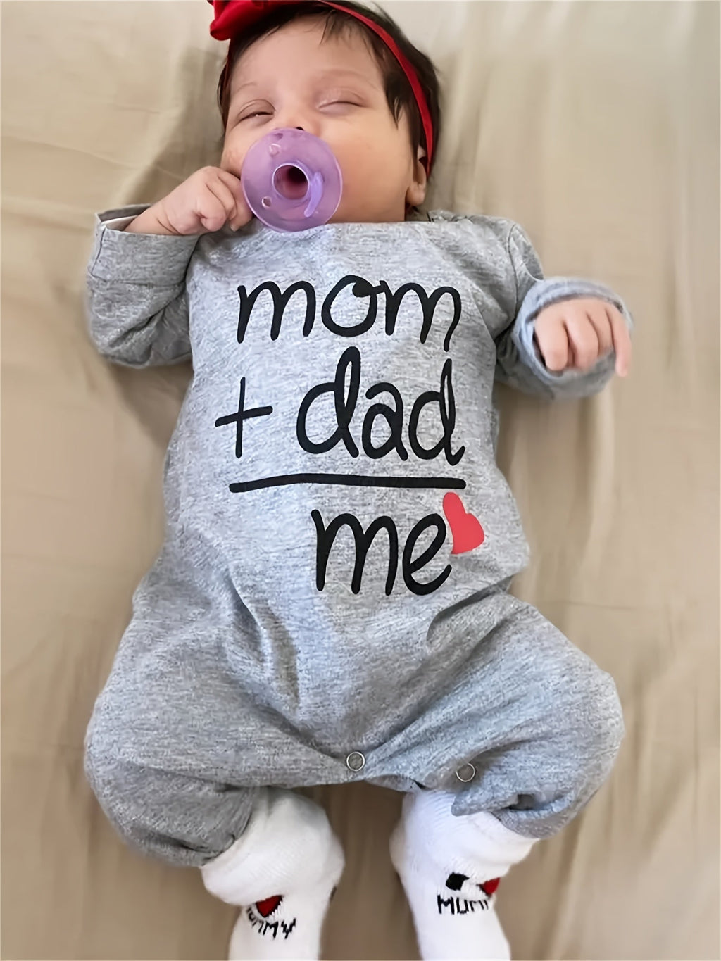 Baby Long Sleeve Romper in Grey with Mom Plus Dad Equals Me Lettering and Red Heart for Family Photos