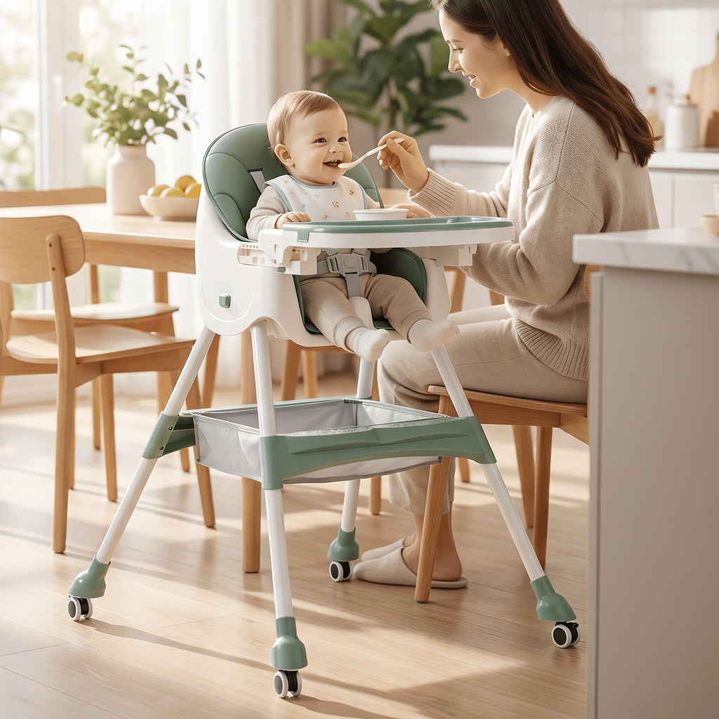 Foldable Baby High Chair with an Adjustable Tray and Cushioned Seat