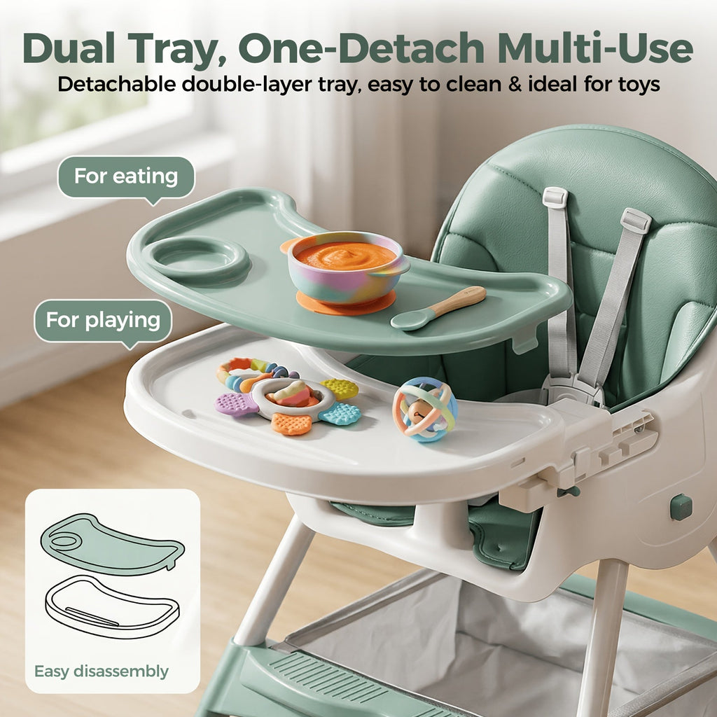 Foldable Baby High Chair with an Adjustable Tray and Cushioned Seat