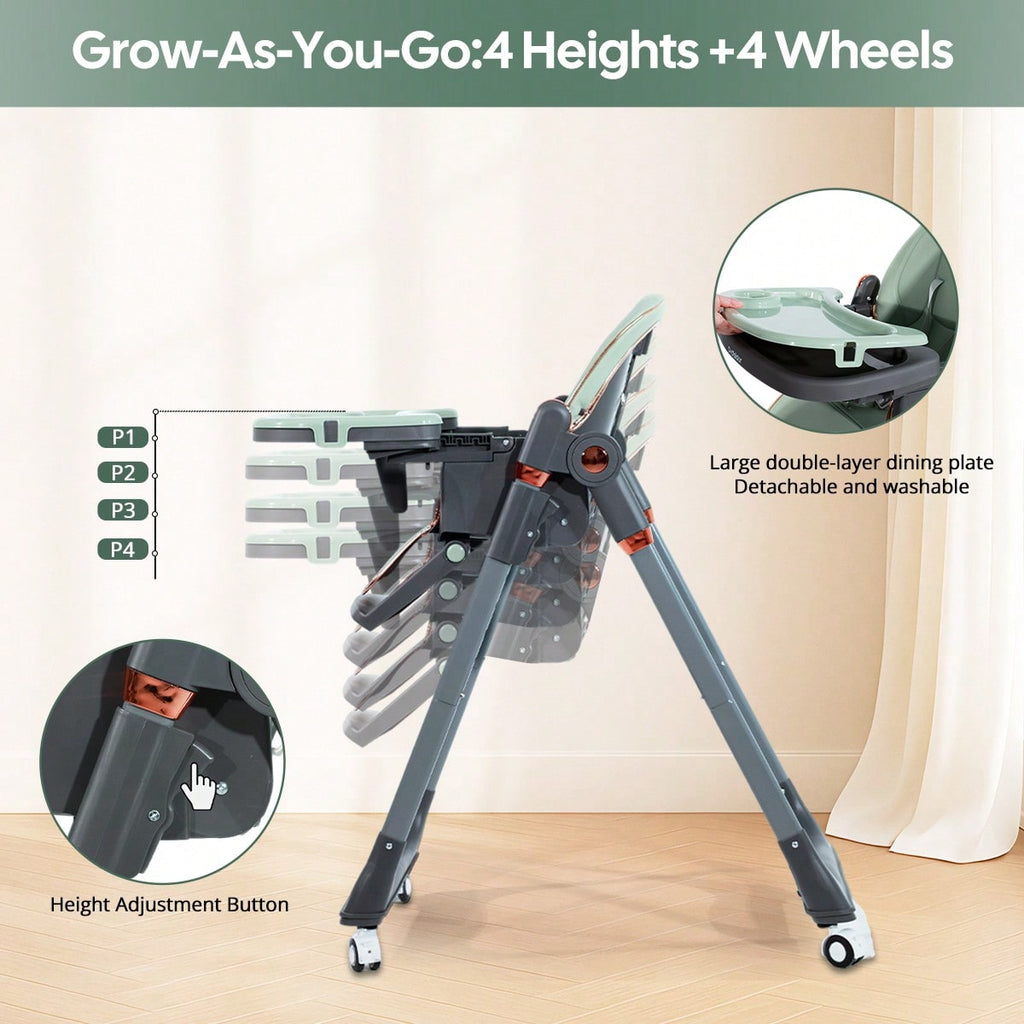 Adjustable Baby High Chair with a Removable Tray and Folding Frame, Four Height Settings for Family Mealtimes