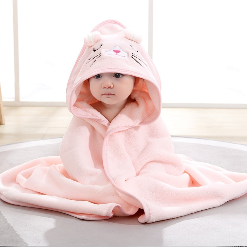 Baby Hooded Towels in a Four-Piece Animal Set with Soft Coral Fleece and Generous 80 cm Square Wraps