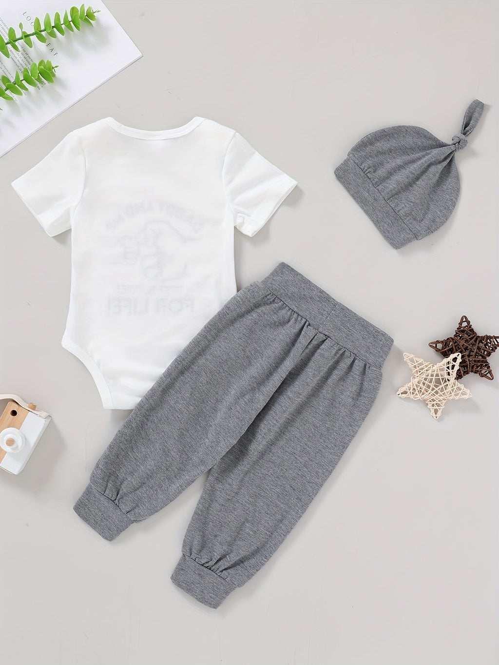 Baby Boys' Daddy and Me Pants Set with a Fist-Bump Bodysuit and Gray Knotted Hat for Everyday Outfits