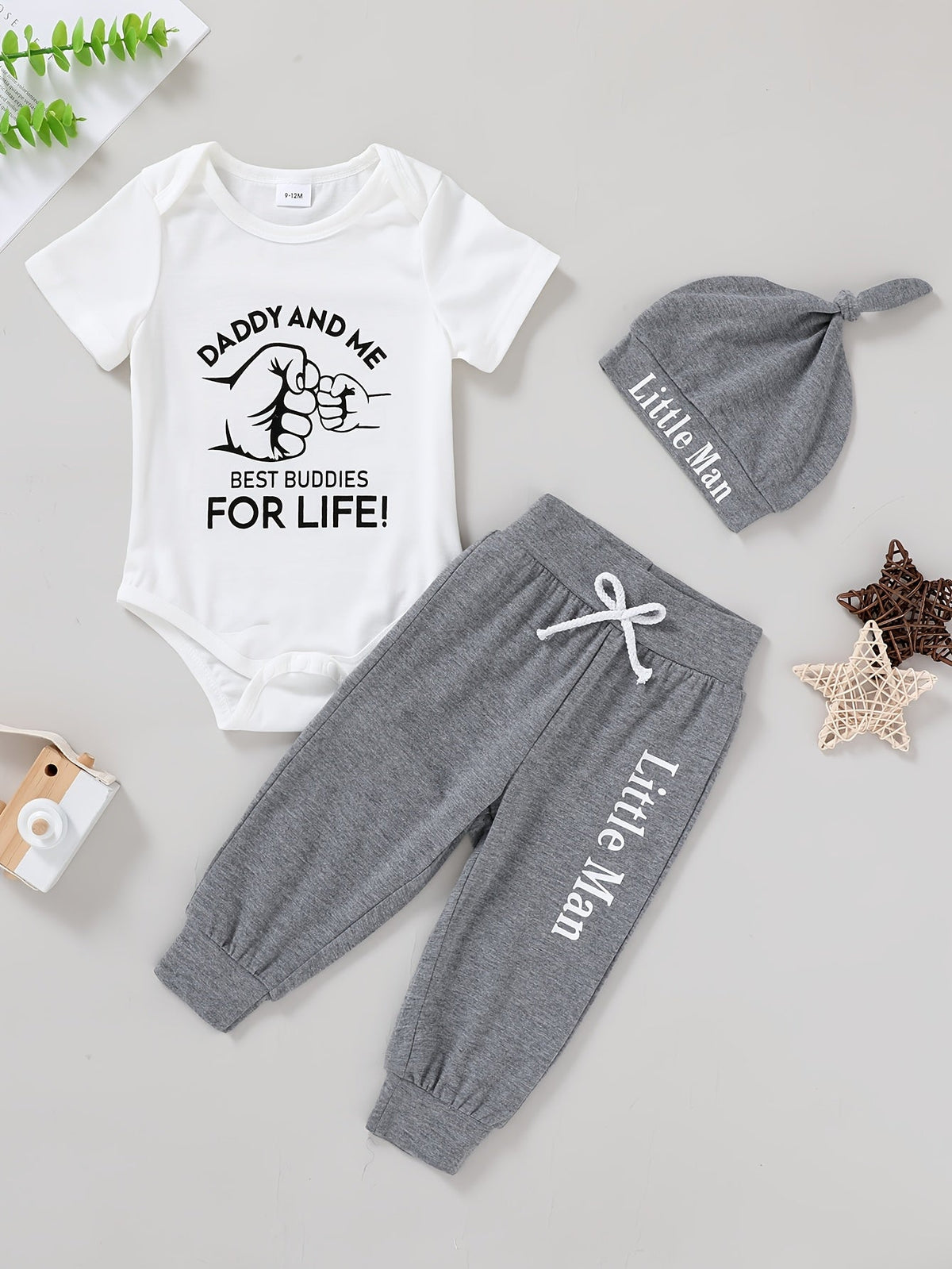 Baby Boys' Daddy and Me Pants Set with a Fist-Bump Bodysuit and Gray Knotted Hat for Everyday Outfits
