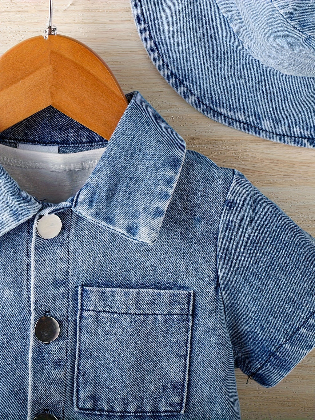 Baby Denim Outfit in a 3-Piece Shirt Shorts and Bucket Hat Set with a Washed Blue Finish for Casual Days