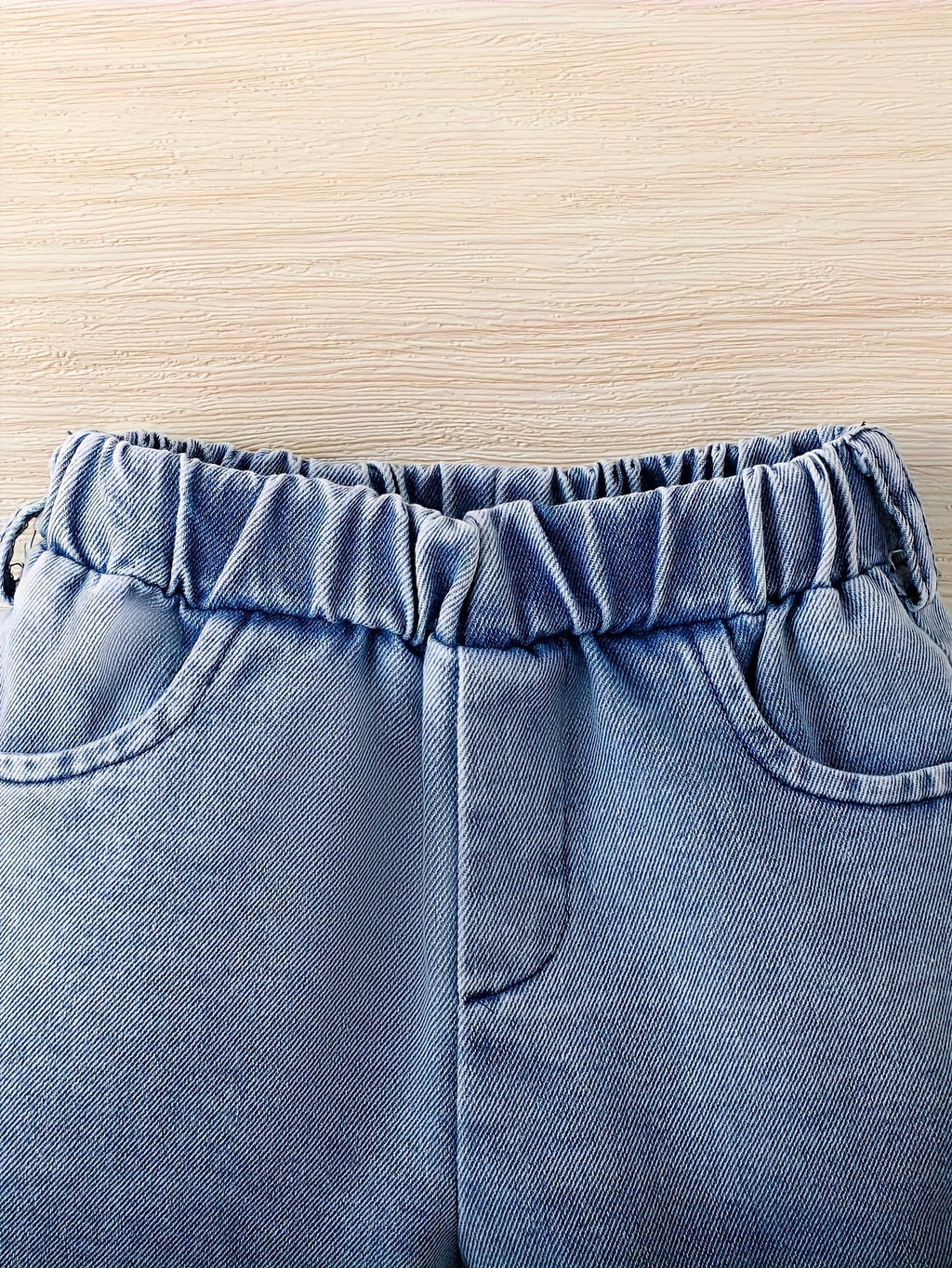 Baby Denim Outfit in a 3-Piece Shirt Shorts and Bucket Hat Set with a Washed Blue Finish for Casual Days