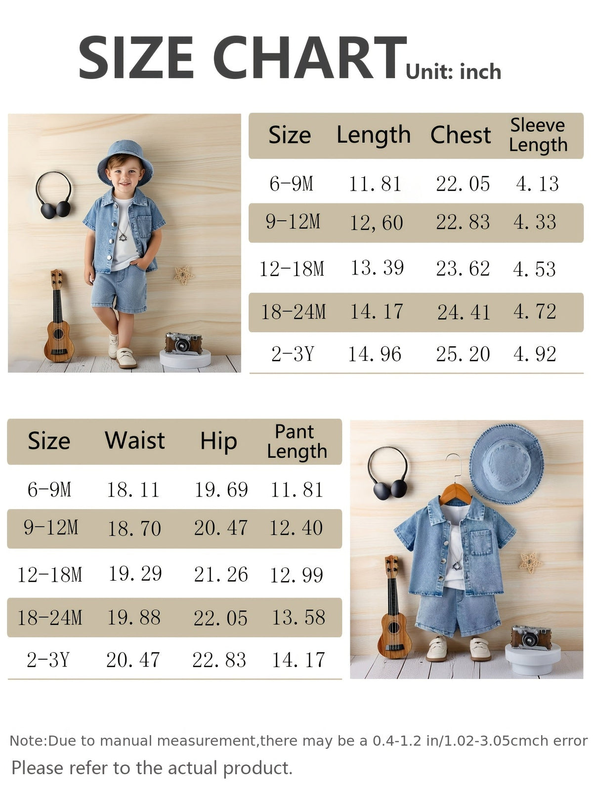 Baby Denim Outfit in a 3-Piece Shirt Shorts and Bucket Hat Set with a Washed Blue Finish for Casual Days