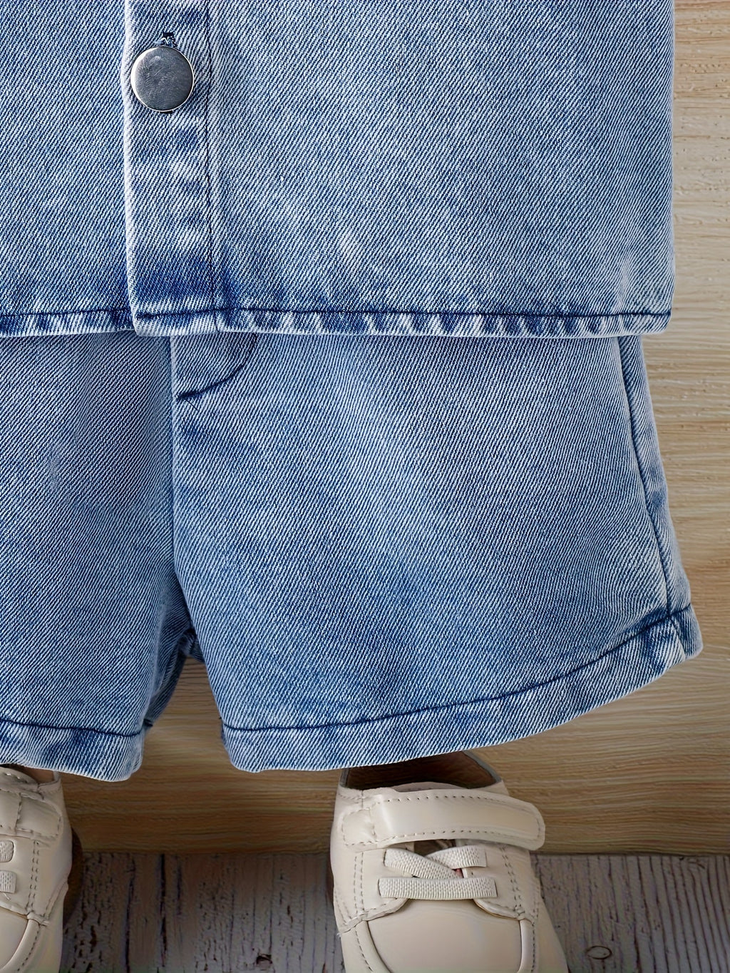 Baby Denim Outfit in a 3-Piece Shirt Shorts and Bucket Hat Set with a Washed Blue Finish for Casual Days
