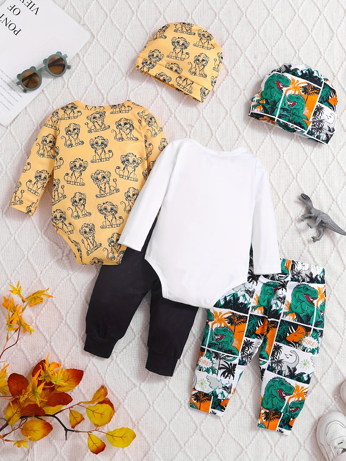 Baby Boys' Lion and Dinosaur Six-Piece Outfit Set of Long Sleeve Bodysuits, Pants and Matching Hats