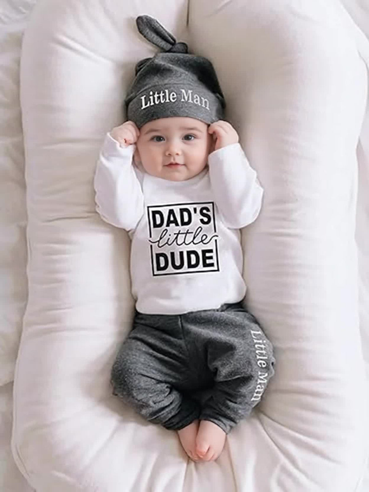 Baby Outfit Set with a Dad's Little Dude Bodysuit and Gray Pants Plus Matching Hat for Newborn Boys