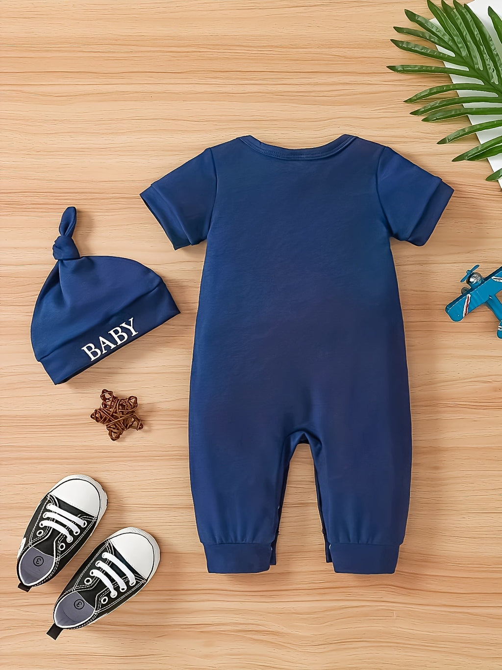 Baby Boys' Little Brother Romper and Hat Set in Navy with Short Sleeves and Snap Fastenings for Easy Changes