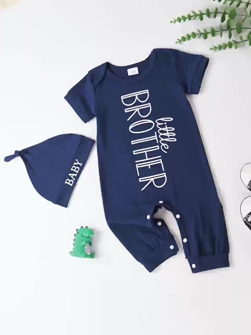 Baby Boys' Little Brother Romper and Hat Set in Navy with Short Sleeves and Snap Fastenings for Easy Changes