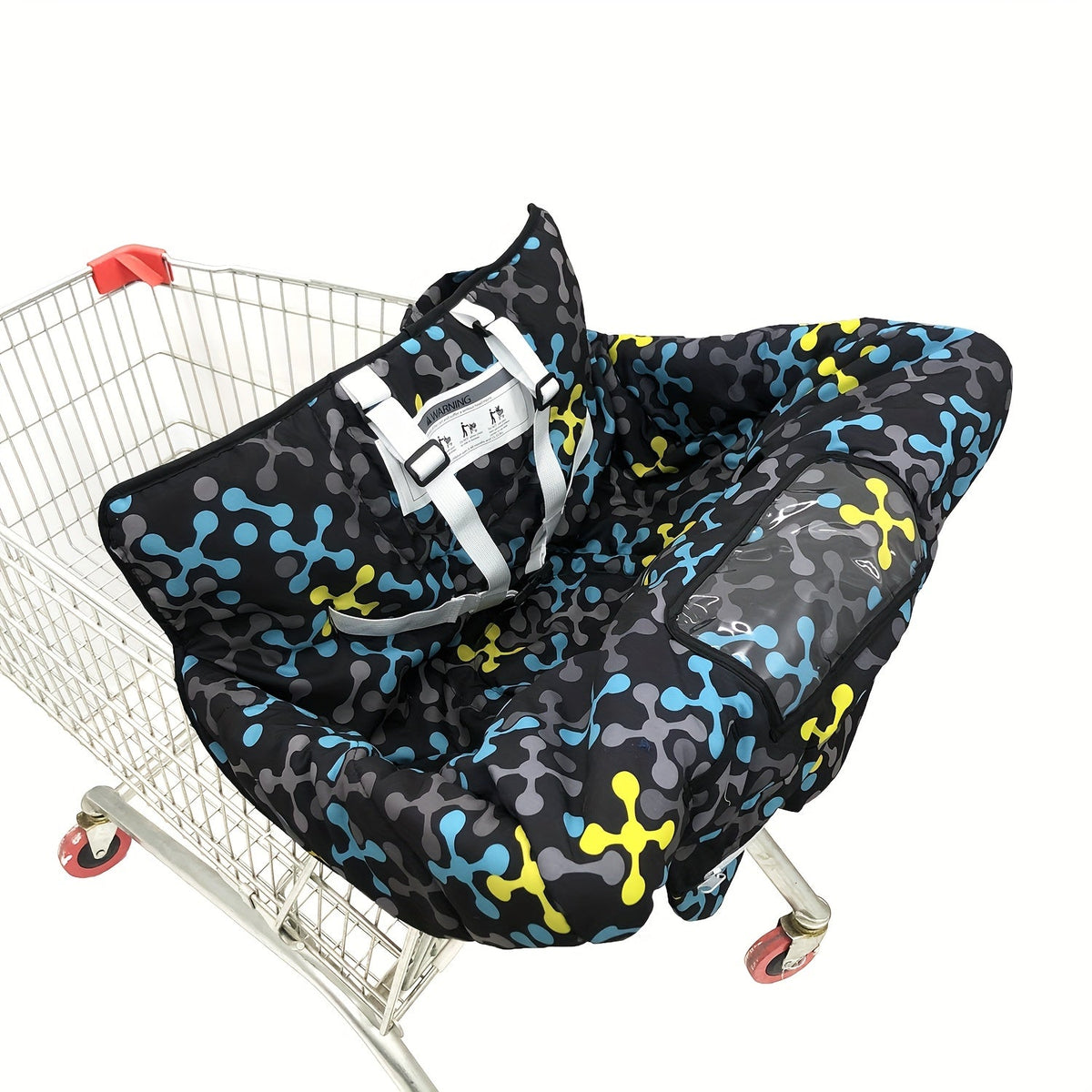 Padded Baby Shopping Cart and High Chair Cushion with Printed Wraparound Sides and Clear Front Phone Pocket