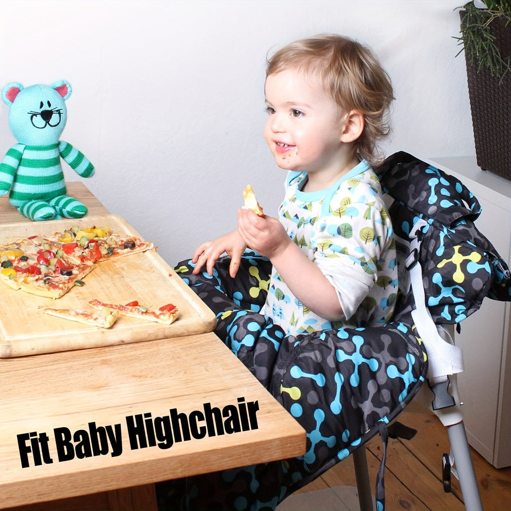 Padded Baby Shopping Cart and High Chair Cushion with Printed Wraparound Sides and Clear Front Phone Pocket